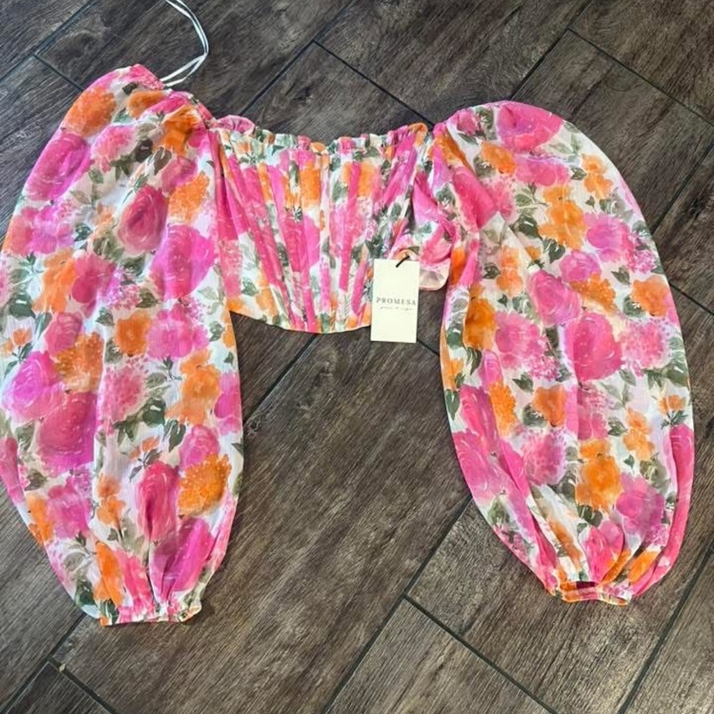 Promesa Pink and Orange Floral Puff Sleeve Top